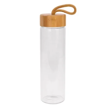 BOTELLA DE VIDRIO MATE CON TAPA BAMBU SUJETADOR CON CUERDA